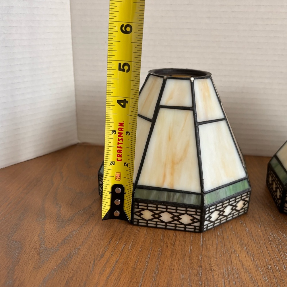 Stained Glass Mosaic Table Lamp Shade Pair in Ivory and Green - Picture 5 of 8